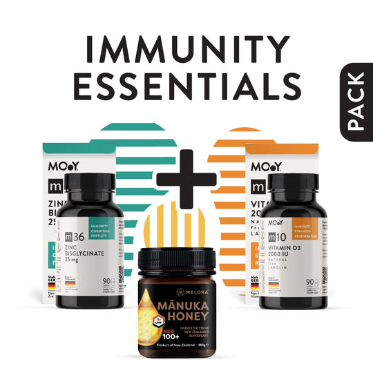 IMMUNITY ESSENTIALS, pachet promotional (Miere Manuka Melora 100+, 250g + m36 Zinc Bisglycinate+ m10 Natural Vitamin D3 2000 IU from lanolin), natural, 335.5g